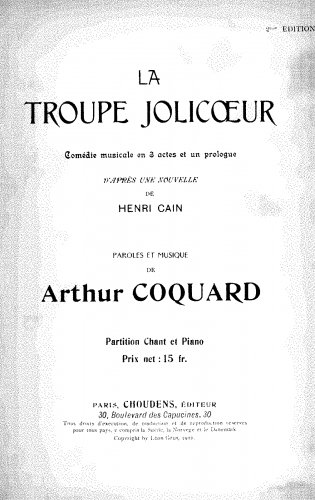 Coquard - La troupe Jolicoeur - Vocal Score - Score