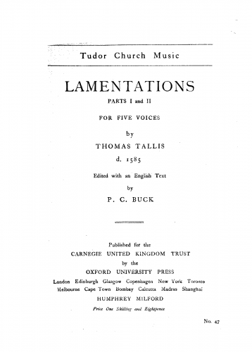 Tallis - Lamentations of Jeremiah - Score