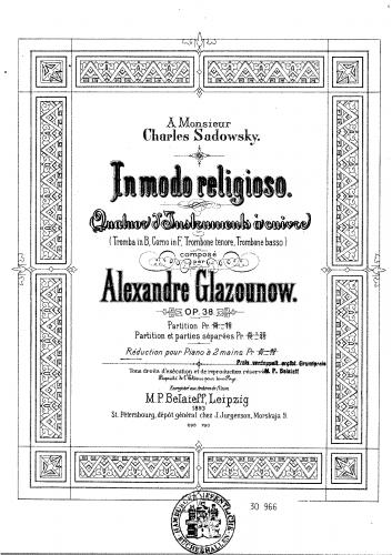 Glazunov - In Modo Religioso, Op. 38 - For Piano solo - Score