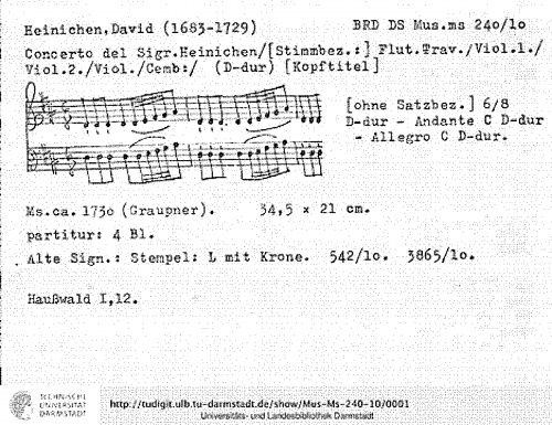 Heinichen - Flute Concerto in D major, SeiH 225 - Score