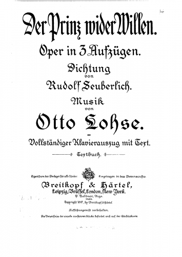 Lohse - Der Prinz wider Willen - Vocal Score - Score