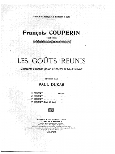 Couperin - Les goÃ»ts-réunis, ou Nouveaux concerts - Septième Concert For Violin and Harpsichord (Dukas) - Harpsichord Score