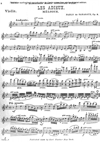 Sarasate - Les Adieux, Op. 9 - Scores and Parts - Violin Part