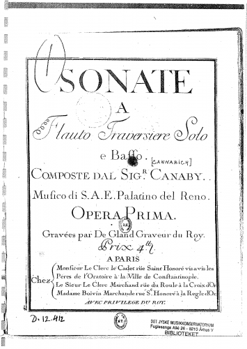 Cannabich - Sonate a Flauto Traversiere Solo e Basso Composte dal Sigr. Canaby Musico di S.A.E. Palatino del Reno. - Scores and Parts Sonata No. 1 in D major - Score