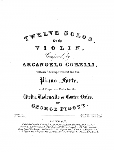 Corelli - 12 Violin Sonatas, Op. 5 - For Violin, Cello and Piano (Pigott)