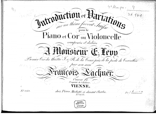 Lachner - Introduction et variations sur un thême favori Suisse - Score and Parts - Piano part