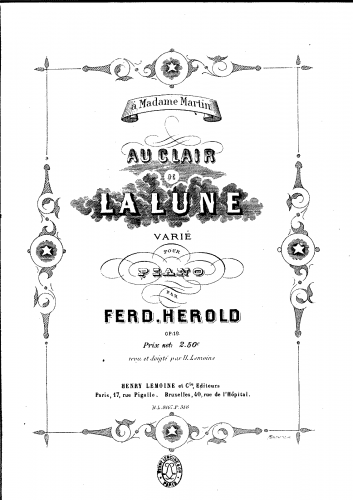 Hérold - Au clair de la lune varié pour piano - Score