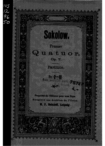 Sokolov - String Quartet No. 1, Op. 7 - Full Score - Score