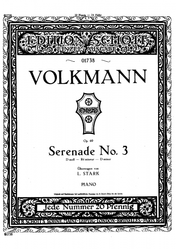 Volkmann - Serenade No. 3, Op. 69 - For Piano solo (Stark) - Score