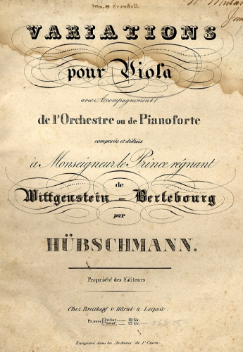 Hübschmann - Variationen für die Bratsche mit Orchestre in Es - For Viola and Piano