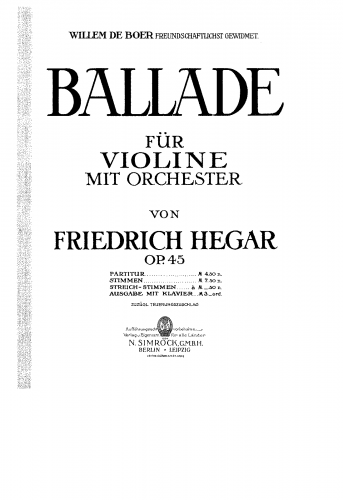 Hegar - Ballade, Op. 45 - Full Score