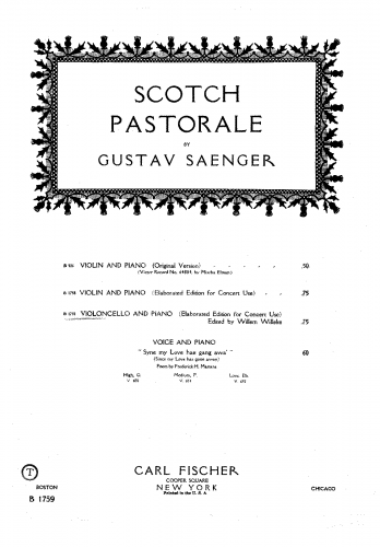 Saenger - 3 Concert Miniatures - No. 2 Scotch Pastorale For Cello and Piano (Willeke) - Piano Score and Cello Part