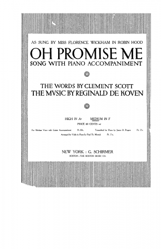 De Koven - Robin Hood - Vocal Score Aria: ''Oh promise me'' - Score