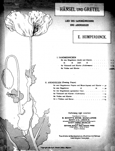 Humperdinck - Hänsel und Gretel - Sandmännchen (Act II) For Cello or Violin and Piano (Goltermann) - Cello and Piano score, Violin part