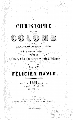 David - Christophe Colomb, où La découverte du nouveau monde - Vocal Score - Score