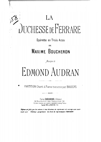 Audran - La duchesse de Ferrare - Vocal Score - Score