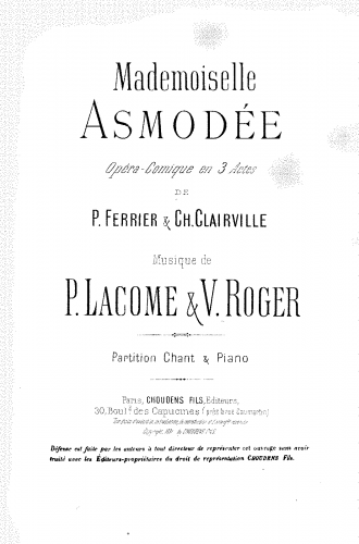Lacôme d'Estalenx - Mademoiselle Asmodée - Vocal Score - Score