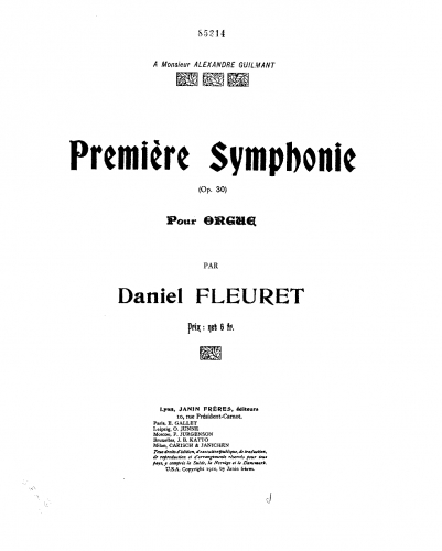 Fleuret - Première symphonie (op. 30) pour orgue par Daniel Fleuret. - Score