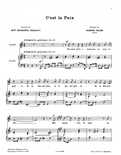 Fauré - C'est la paix - Voice and Piano - Score