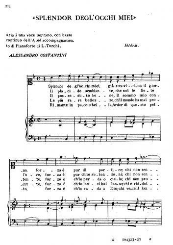 Costantini - Aria: Splendor degl'occhi miei - For Voice and Piano (Torchi) - Score