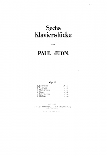Juon - 6 Klavierstücke, Op. 12 - Score