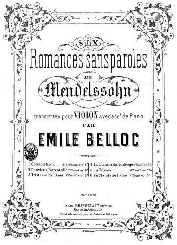 Mendelssohn - Lieder ohne Worte - Venetianisches Gondellied (No. 6) For Violin and Piano (Belloc)