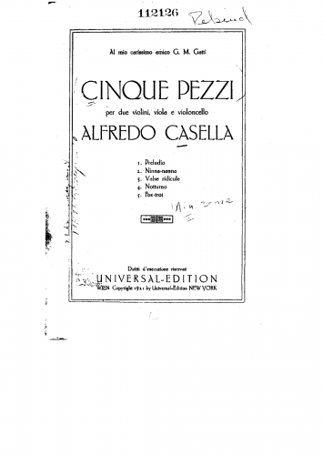 Casella - 5 Pieces for String Quartet - Score