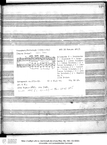 Graupner - Partita in D major, GWV 701 - Keyboard Scores - Score