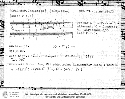 Graupner - Partita in F major, GWV 835 - Score