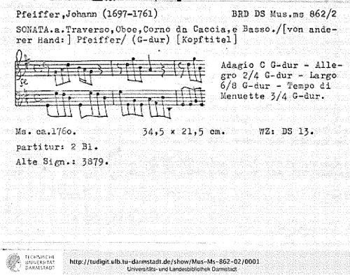 Pfeiffer - Sonata for Flute, Oboe, Horn and Continuo in G major - Score