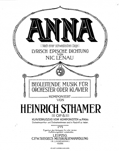 Sthamer - Anna (nach einer schwedischen Sage) - For Narrator and Piano (Composer) - Score