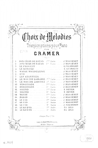 Cramer - Choix de mélodies sur 'Le roi d'Ys' - Score