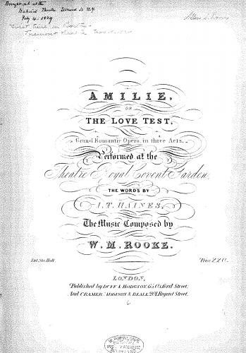 Rooke - Amilie, or The Love Test - Vocal Score - Score