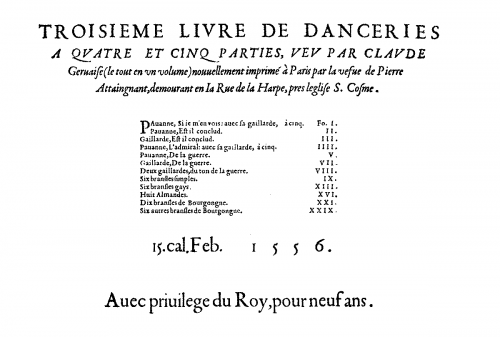 Gervaise - Troisieme livre de danceries a quatre et cinq parties - Score