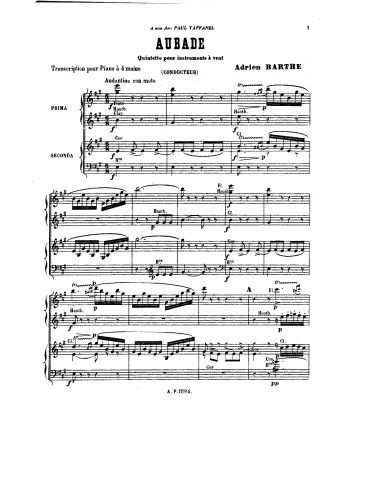 Barthe - Aubade - For Piano 4 hands (Barthe) - Score