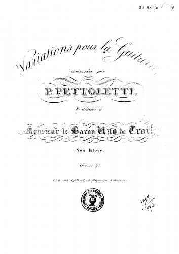 Pettoletti - Variations pour la Guitarre, Op. 7 - Score