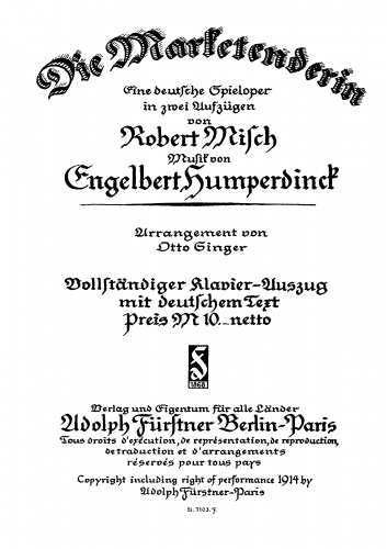 Humperdinck - Die Marketenderin - Vocal Score