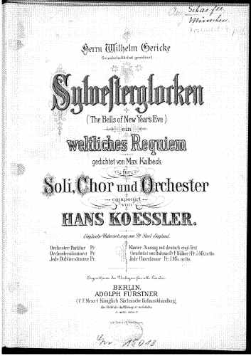 Koessler - Sylvesterglocken - Vocal Score - Score