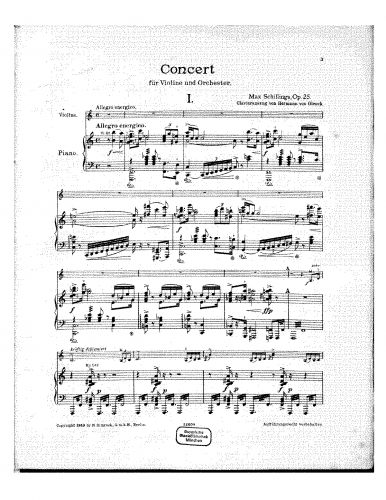 Schillings - Violin Concerto No. 1 - For Violin and Piano (von Glenck) - Score
