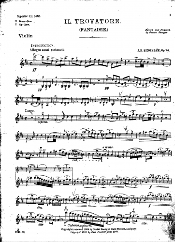 Singelée - Fantaisie sur des motifs de l'opéra 'Il Trovatore', Op. 94 - Violin Part
