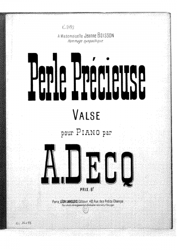 Decq - Perle précieuse: valse pour piano - Score
