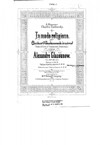 Glazunov - In Modo Religioso, Op. 38 - Scores and Parts