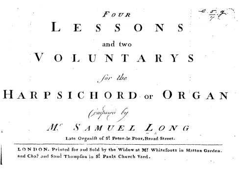 Long - Four Lessons and two Voluntarys for the Harpsichord or Organ - Keyboard Scores - Score