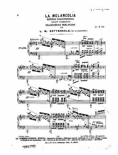 Godefroid - 3 Études caractéristiques - La mélancolie (No. 1) For Piano (Gottschalk) - Score