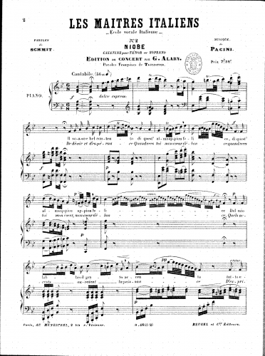 Pacini - Niobe - Vocal Score Cavatina (soprano or tenor: "I tuoi frequenti palpiti") - Score