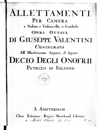 Valentini - Allettamenti da Camera a Violino, e Violoncello, o Cembalo - Score