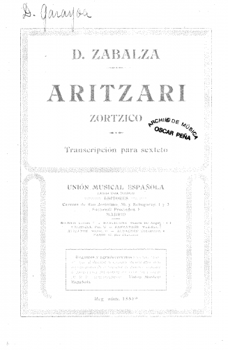 Zabalza - Aritzari - For String Orchestra with optional Piano or Piano Sextet