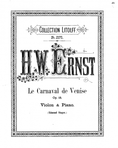 Ernst - Le carnaval de Venise, Op. 18 - For Violin and Piano (Composer) - Score