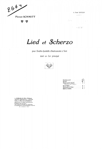 Schmitt - Lied and Scherzo, Op. 54 - For Piano 4 hands (Composer) - Score