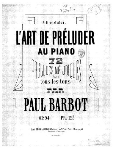 Barbot - L'art de préluder au piano - Score